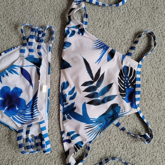H&M Striped Blue White Tropical Triangle Top Padded Bra Bikini Set Womens Size M - Picture 4 of 12